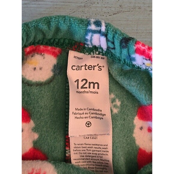CARTER'S Green Fleece Santa Claus & Snowman Print PJ Pants Boys Girls Size 12 Mo - Picture 5 of 6